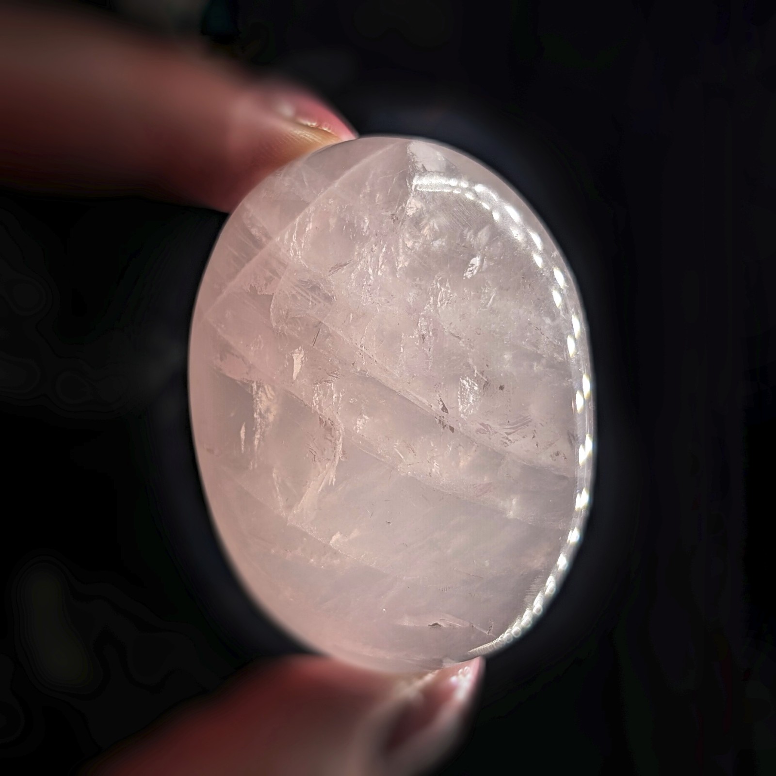2″ shimmery rose quartz palmstone with asterism, star rose quartz palm crystal