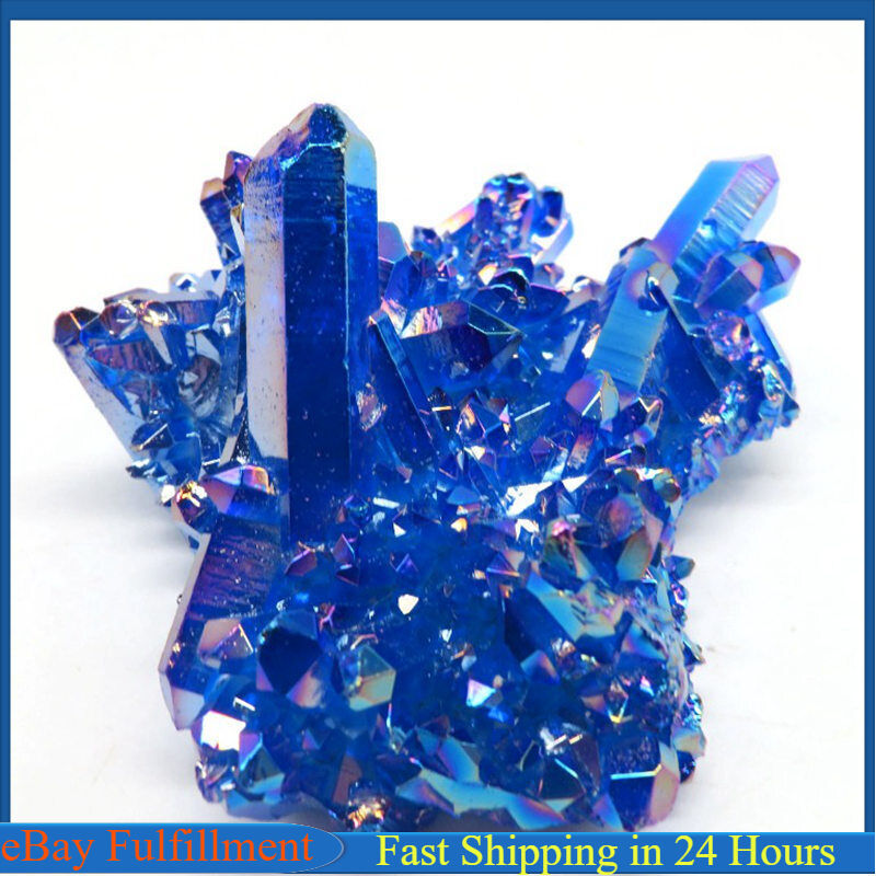 Large Natural Aura Blue Titanium Quartz Crystal Cluster Energy Gemstone Healing