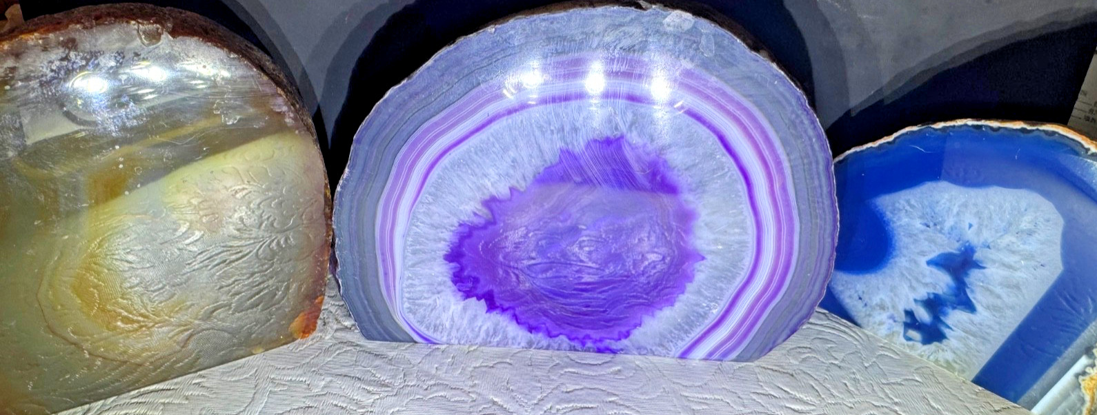 Lot of 3 Agate Geode Slices – Purple, Blue & Natural – Polished Display Stones