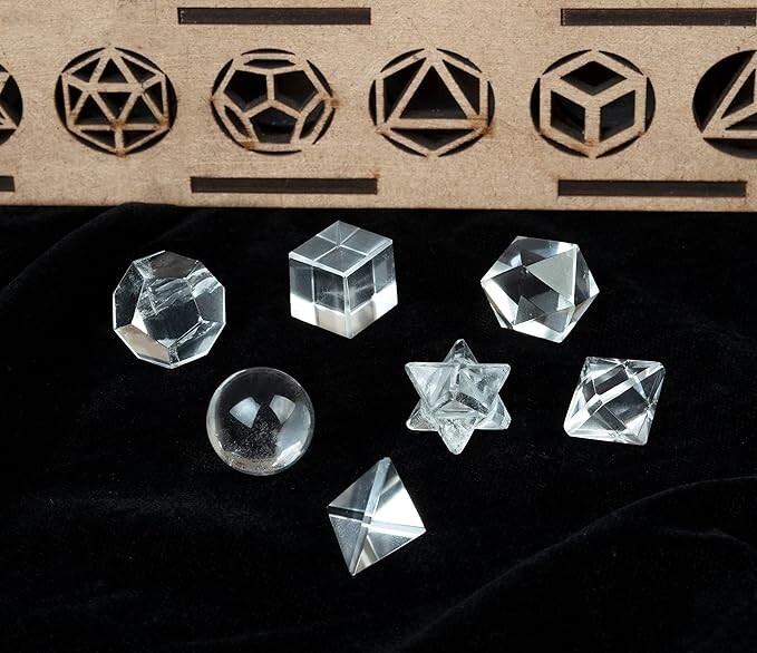 Clear Quartz 7Pcs Sacred Geometry Set Platonic Solids with Wooden Box 15-20MM