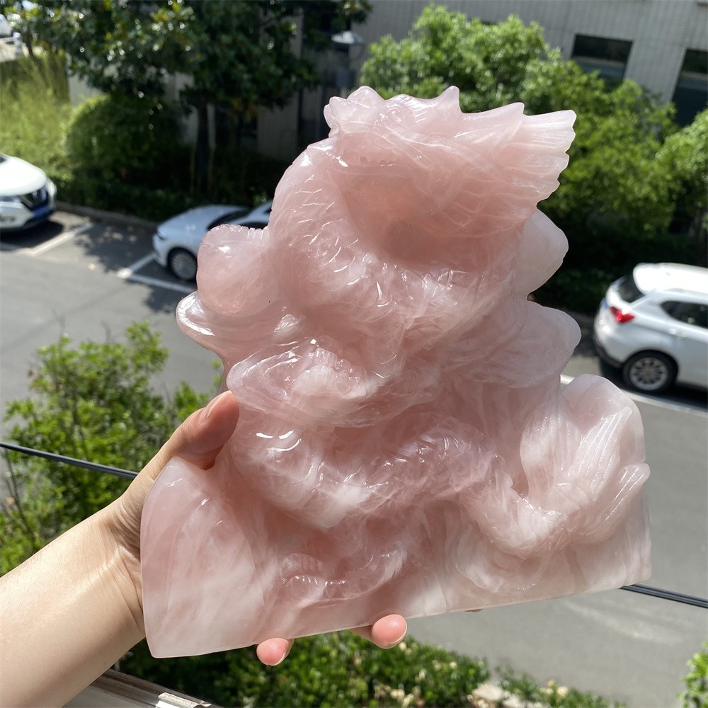 5.2LB 7.8″Natural A+Rose Quartz Chinese Dragon Statue Crystal Reiki Carved Decor
