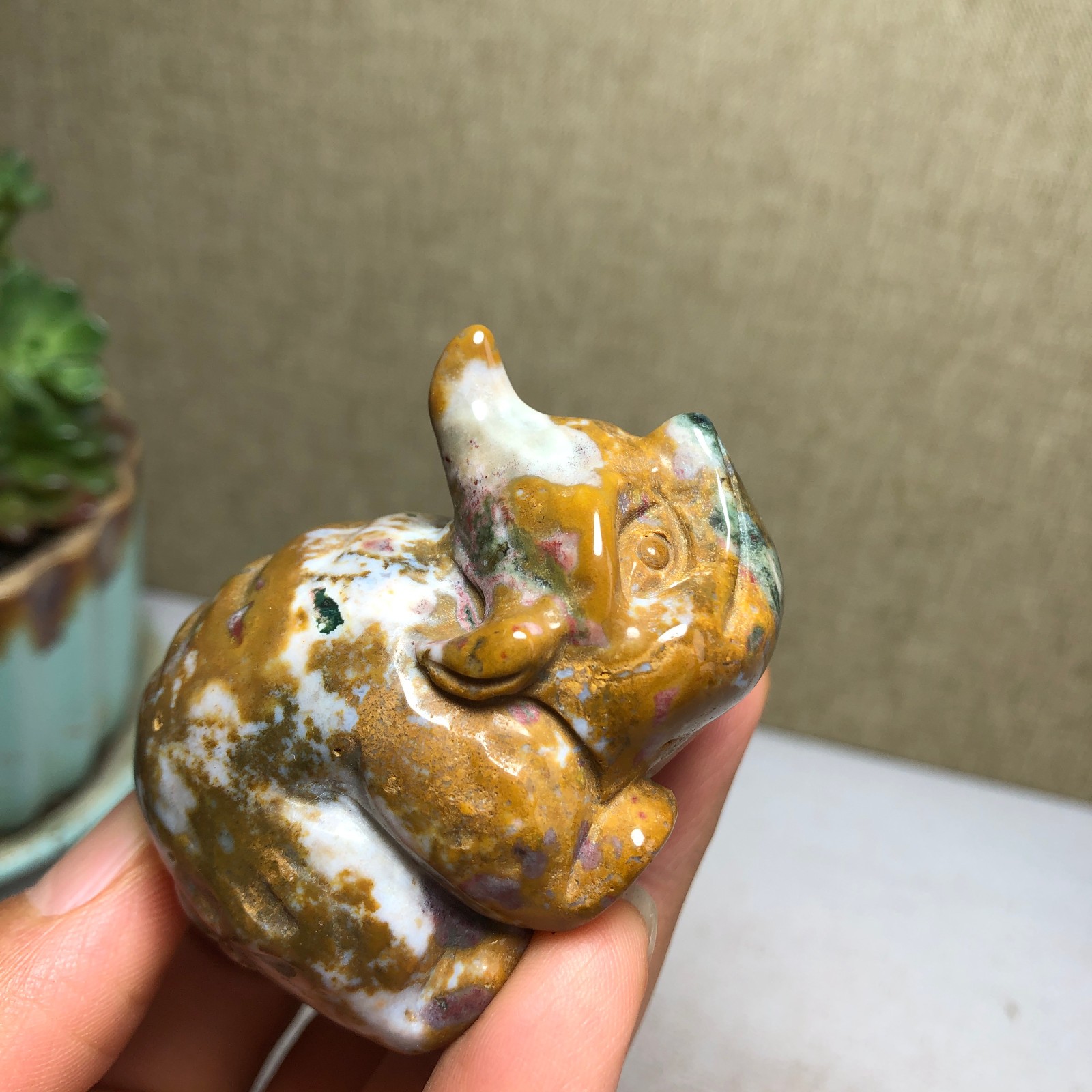 57mm Natural Ocean Jasper Hand carved unicorn Crystal specimens 108g A4452