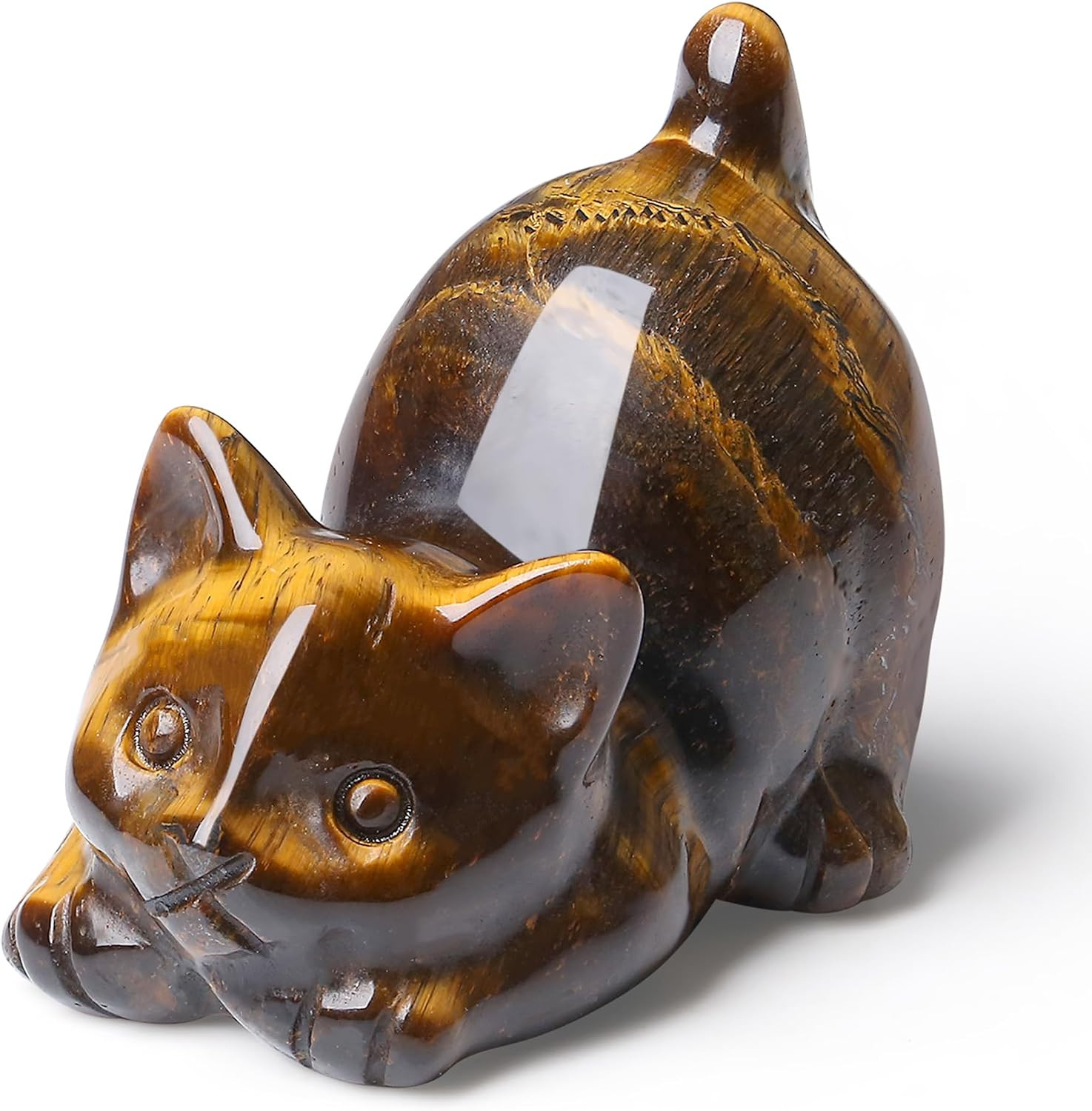 Tiger Eye Cat Statue – 2″ Healing Stone Figurine for Home and Office Decor