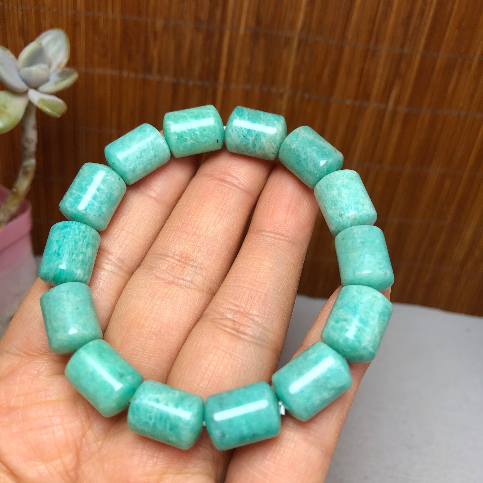 Natural amazon stone Bracelet Brown Gemstone Stretch Bucket bead Handmade A3700