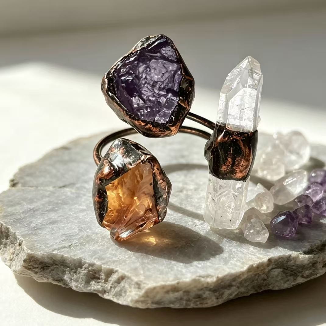 Natural Stone Finger Rings Quartz Adjustable Designer Cocktail Ring