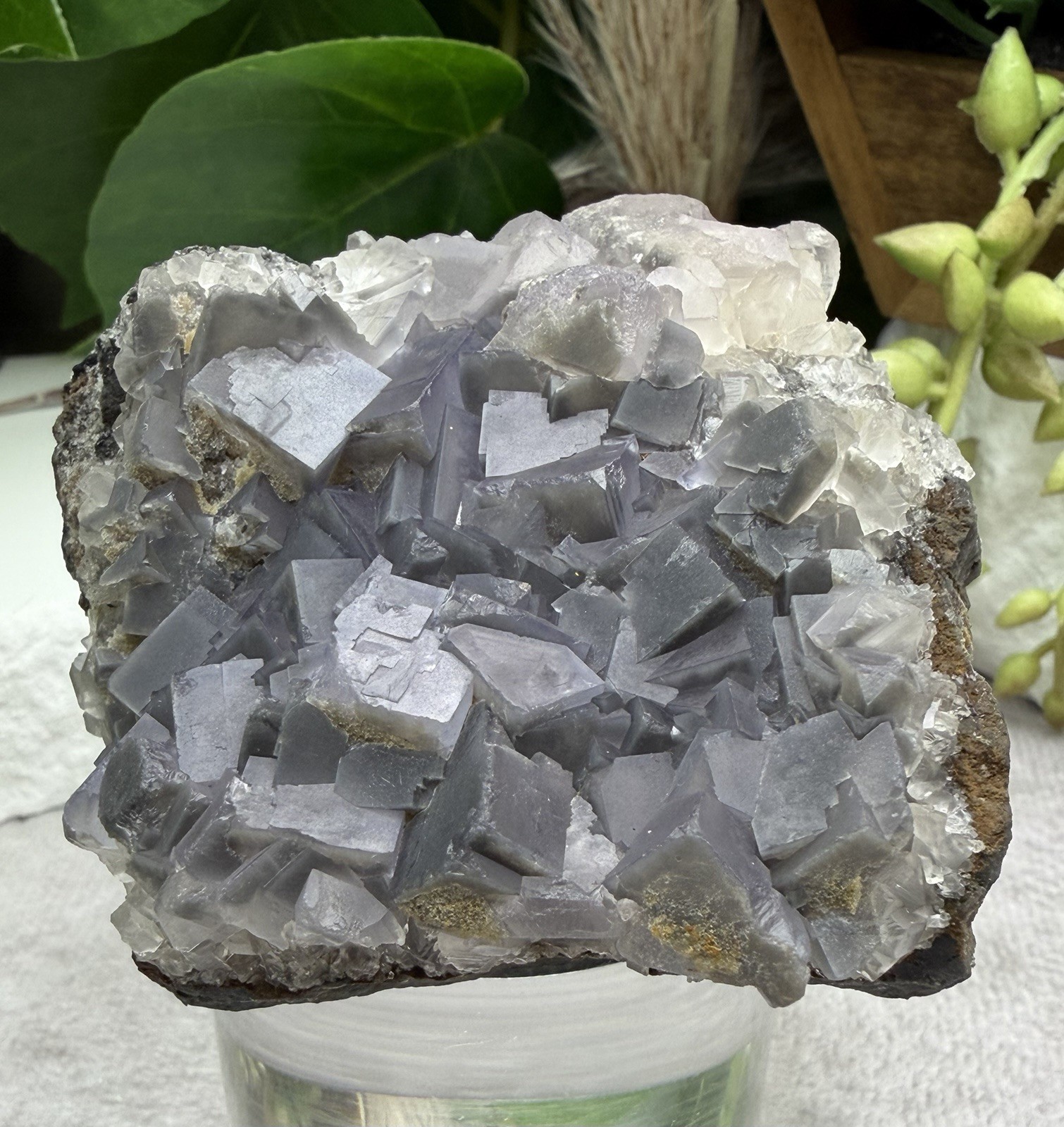 Crystal 242g QR Code Cube Grey Fluorite UV Reactive Cluster Specimen Mineral