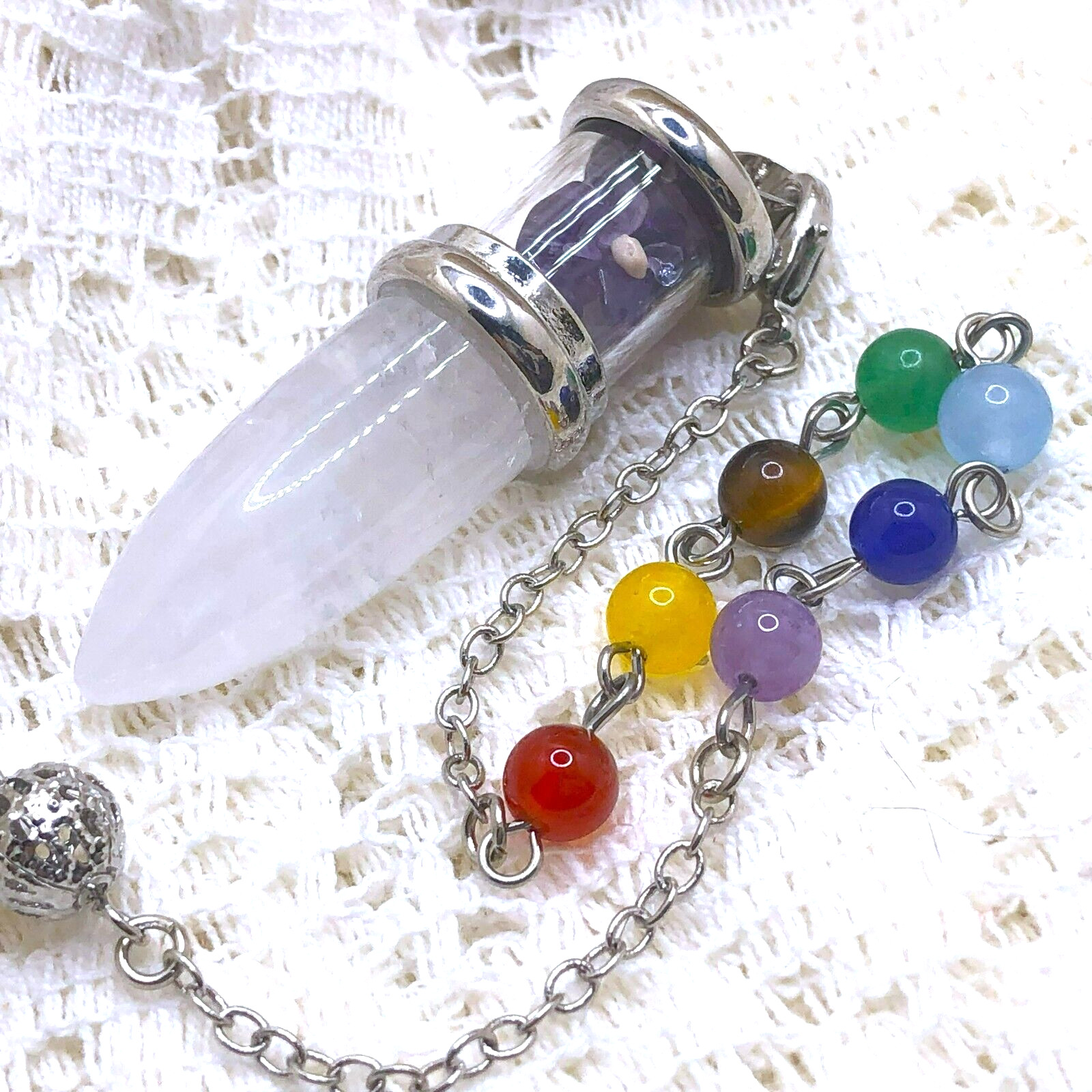 SEVEN Chakra Stones – DIVINING PENDULUM – ROCK CRYSTAL & AMETHYST (#13)