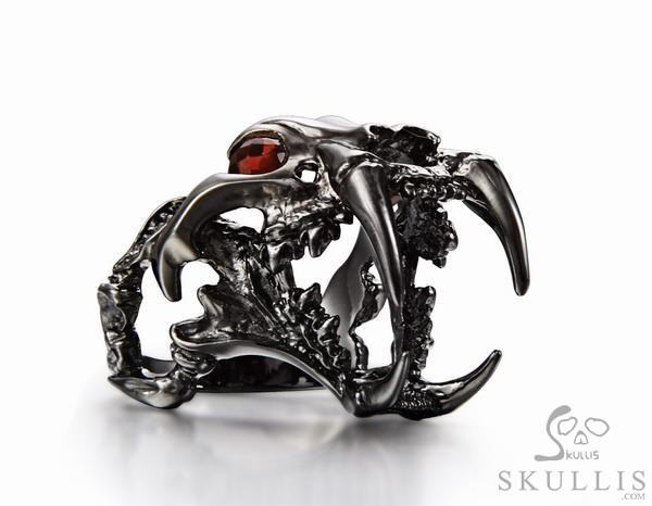 Fang Black Rutanium 925 Sterling Silver Plated Sabertooth Skull Ring with Garnet