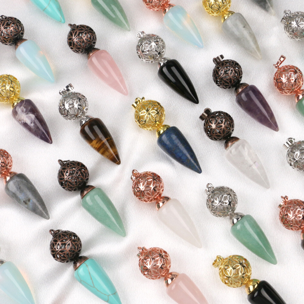 1pc Bullet Cone Crystal Chakra Chain Pendulum Quartz Stone Metal Dowsing Pendant