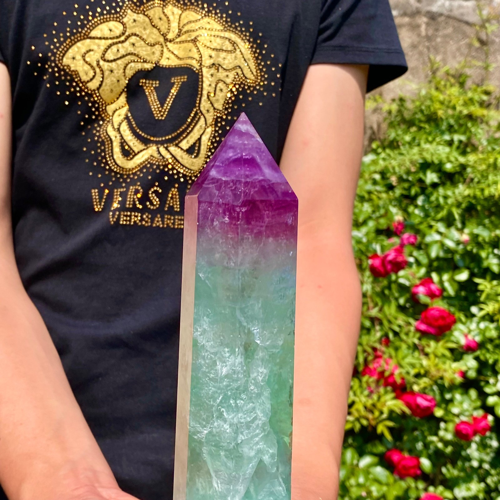 2.15LB Natural Rainbow Fluorite Column Quartz Crystal Rod Point Gemstone Healing