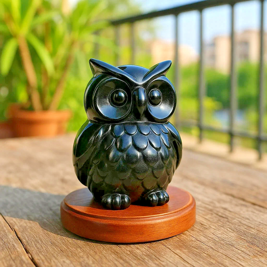 Hand Carved Obsidian Owl Figurine Protection Stone Wicca Pocket Palm Stone Gift
