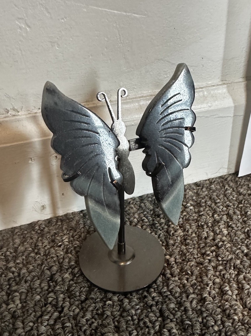 Silver/Blue Sheen Obsidian Butterfly Crystal With Stand