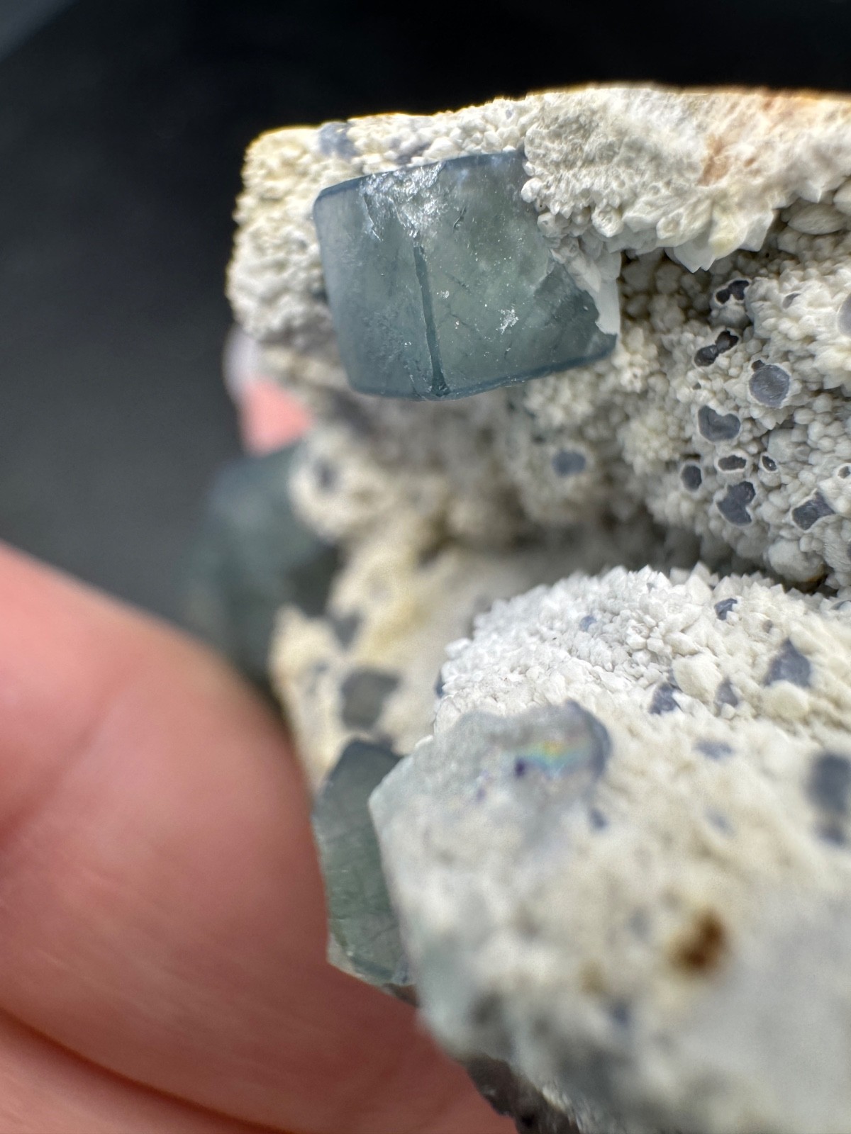 6457 Blue Green Morandi Fluorite on White Candle Quartz Inner Mongolia 50g