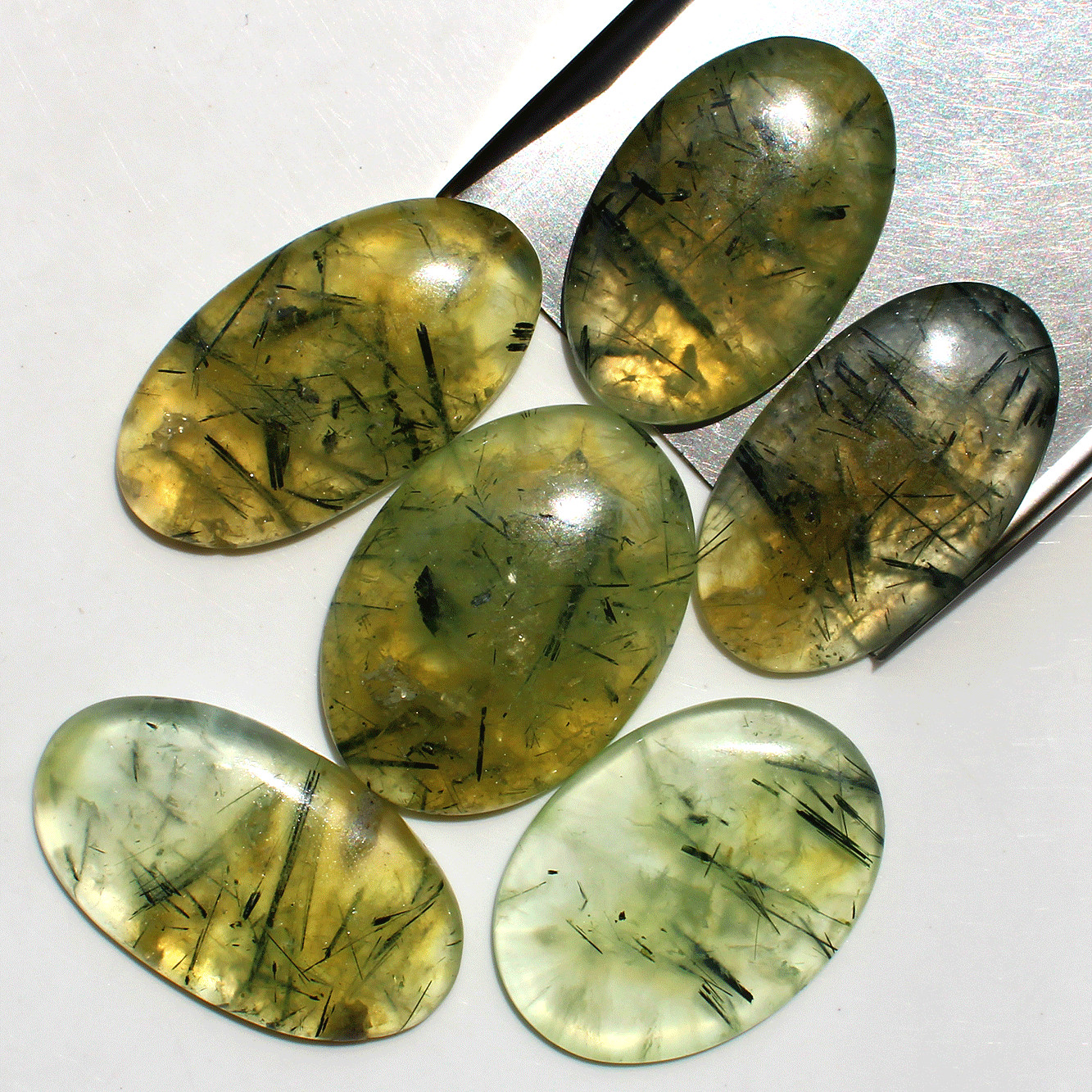 6 Pcs Natural Tourmaline Rutile In Prehnite Small Crystal Palmstones Specimen