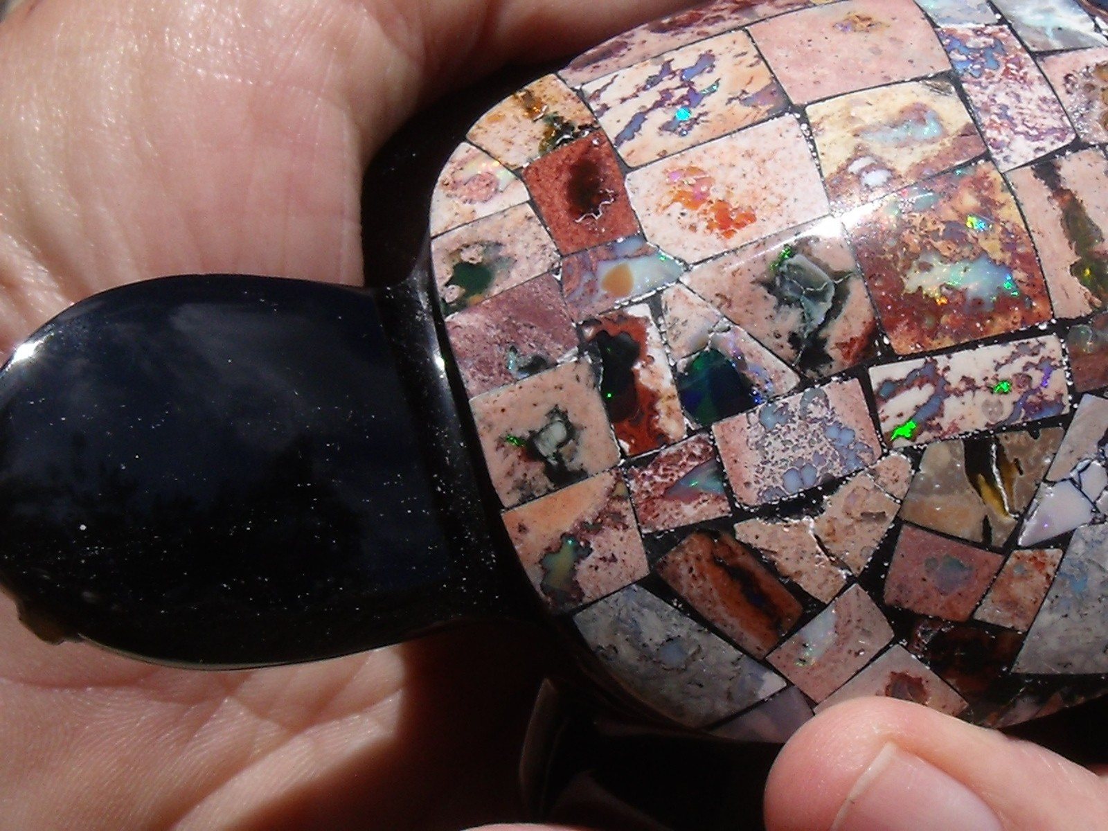 1,580 CTS Black Obsidian Turtle with a Mosaic shell of Cantera Fire Opal Inlay
