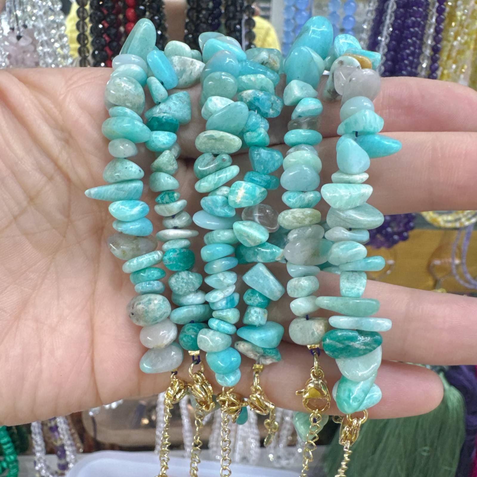 6 Pcs Natural Amazonite Crystal Chip Bead Bracelet Gold Buckle Chain Adjustable