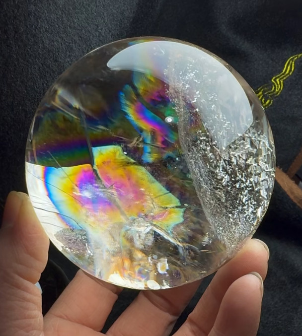 96mm Natural Rainbow White Quartz Sphere Crystal Reiki Healing Decor + Stand