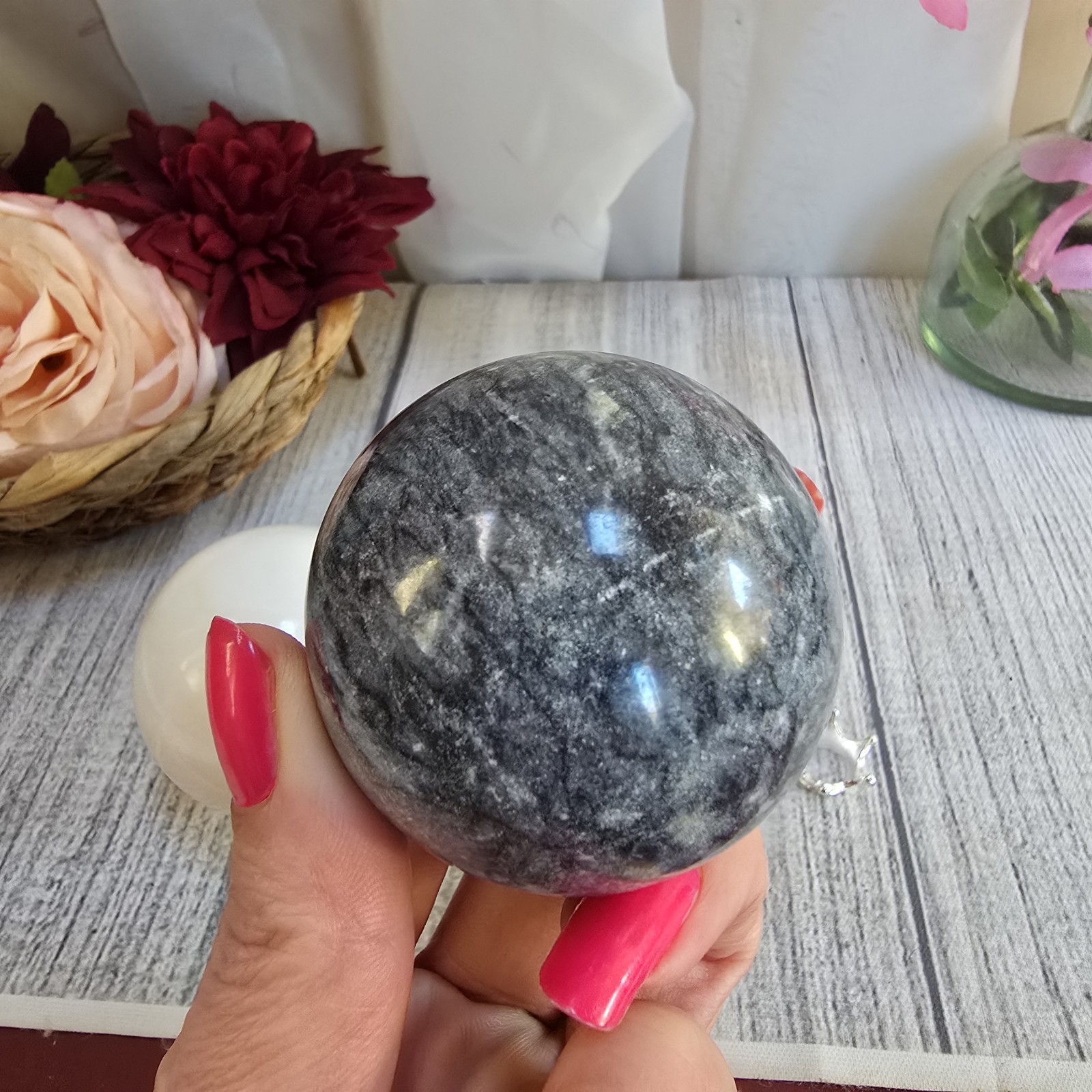 51mm Shell stone & White Calcite sphere lot (lr1)