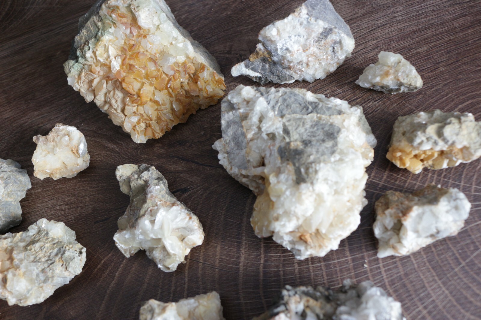 Calcite natural minerals, 19 different sizes, shapes and colors