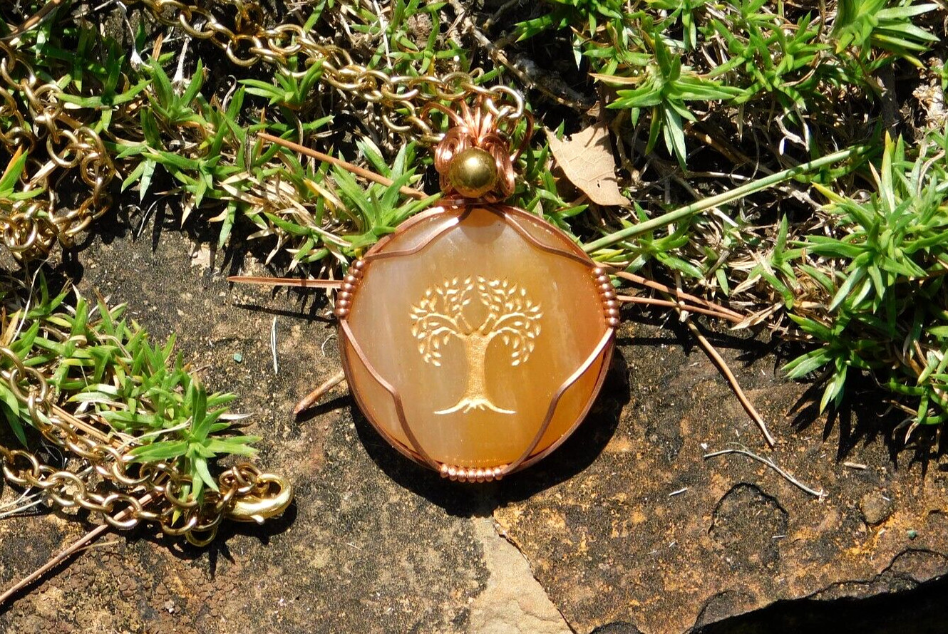 Orange Aventurine Natural Pendant Necklace Gold Tree of Life Amulet Gift for All