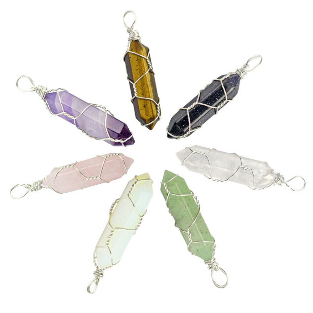 14PCS Chakra Natural Gold+Siver Wire Wrapped Stone Crystal Quartzs Point Pendant