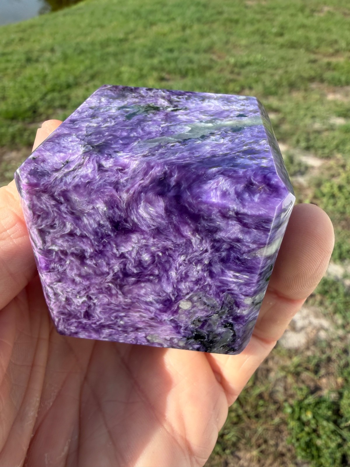 Large Charoite Polished Gemstone Cube 2″ square 316 Grams Colored by Nature