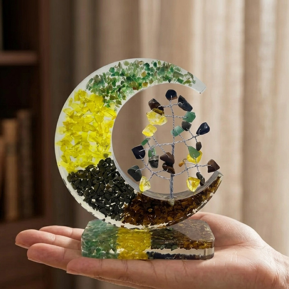 Authentic Orgonite Moon Stand with Gemstone Chips, Lucky Moon Decor for Office