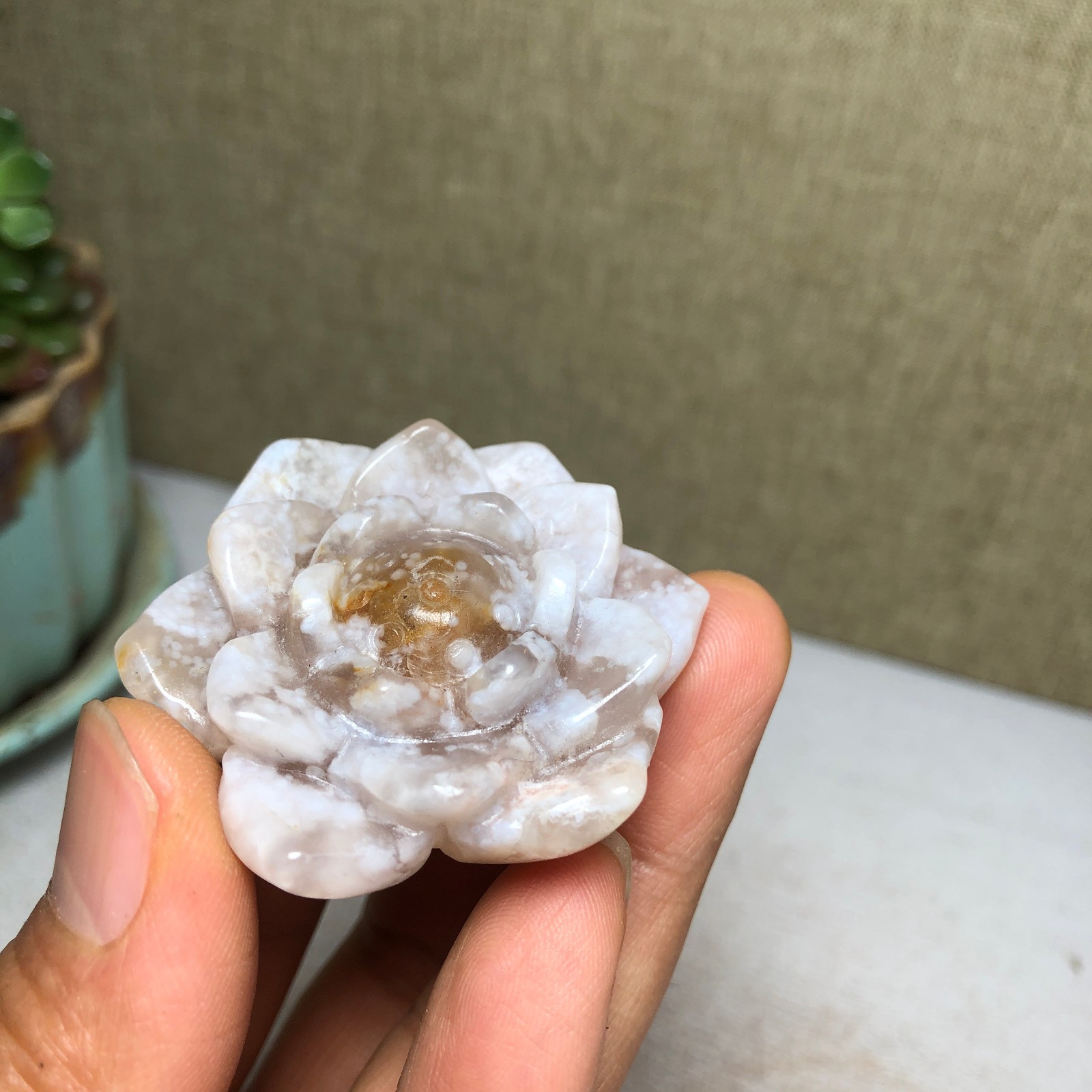 44mm Natural cherry blossom agate Hand carved flower Crystal specimens 38g A4456