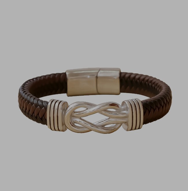 Men’s Leather Braided Silver Bracelet Wristband Stainless Steel Wrist Bangle