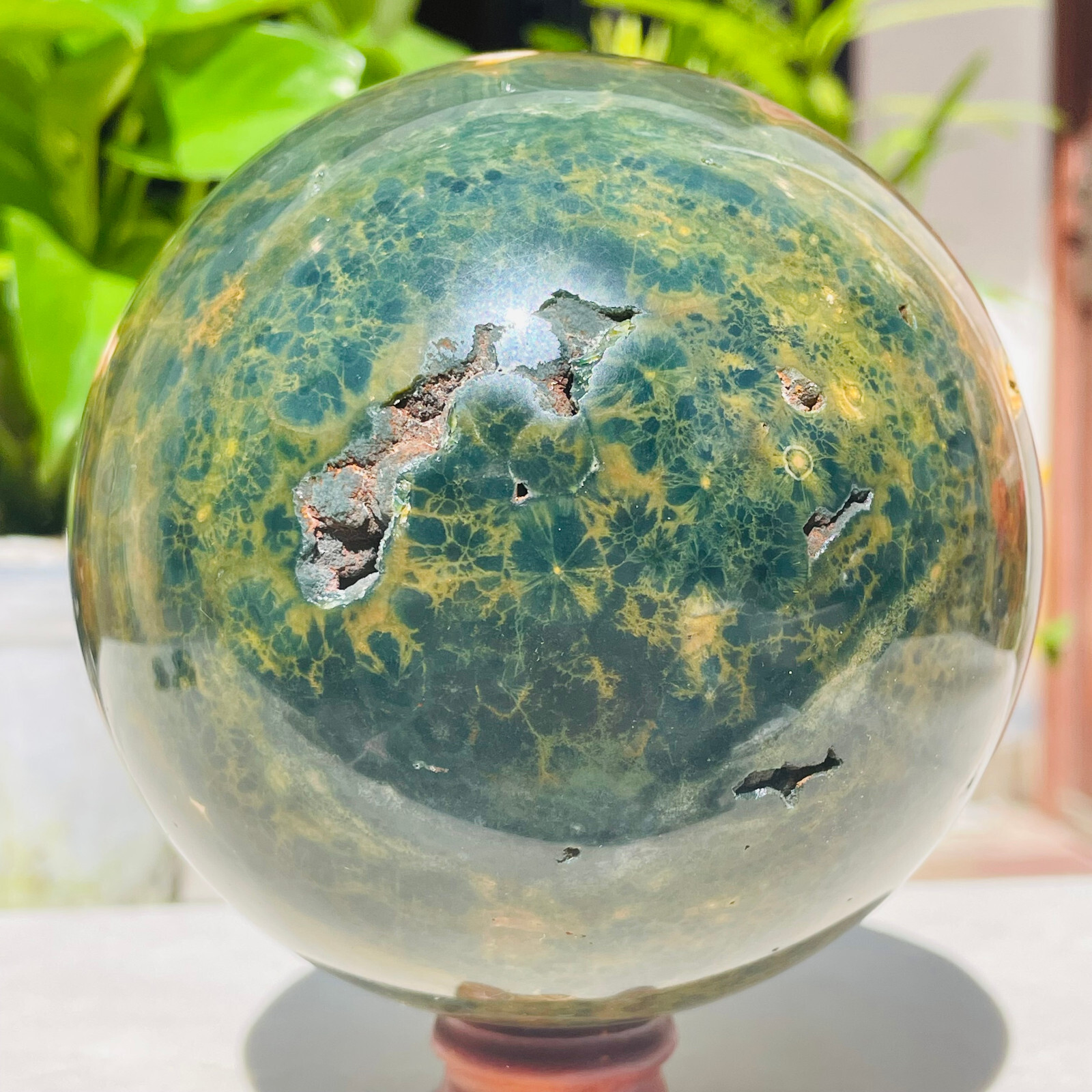 3.31LB Natural Yellow Green Ocean Jasper Quartz Crystal Sphere Geode Specimen