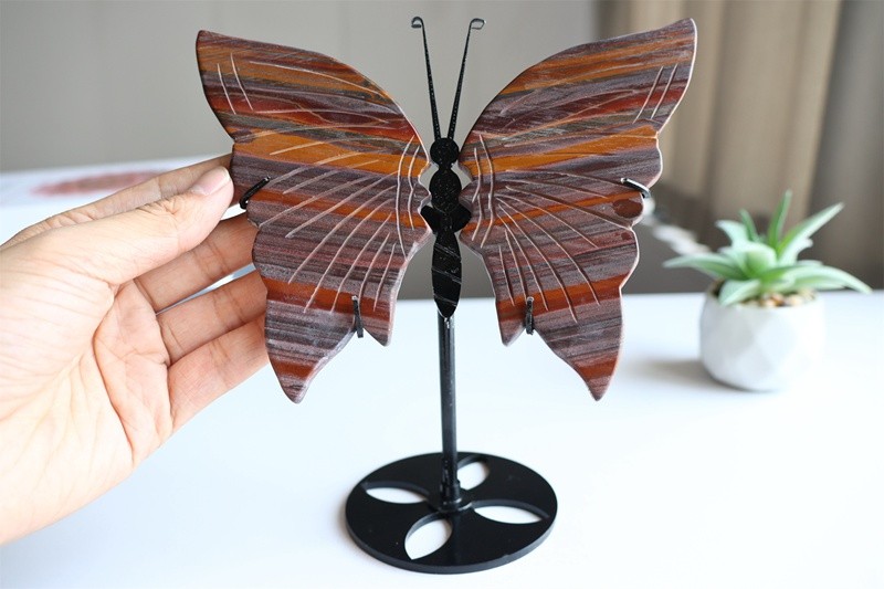 0.88LB Natural Tiger Eye Quartz Butterfly Wings Carved Crystal Skull Healing