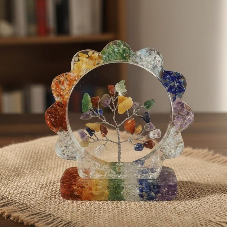 Handmade 7 Chakra Gem Tree, Resin Crystal Chips Round Frame Desk Ornament