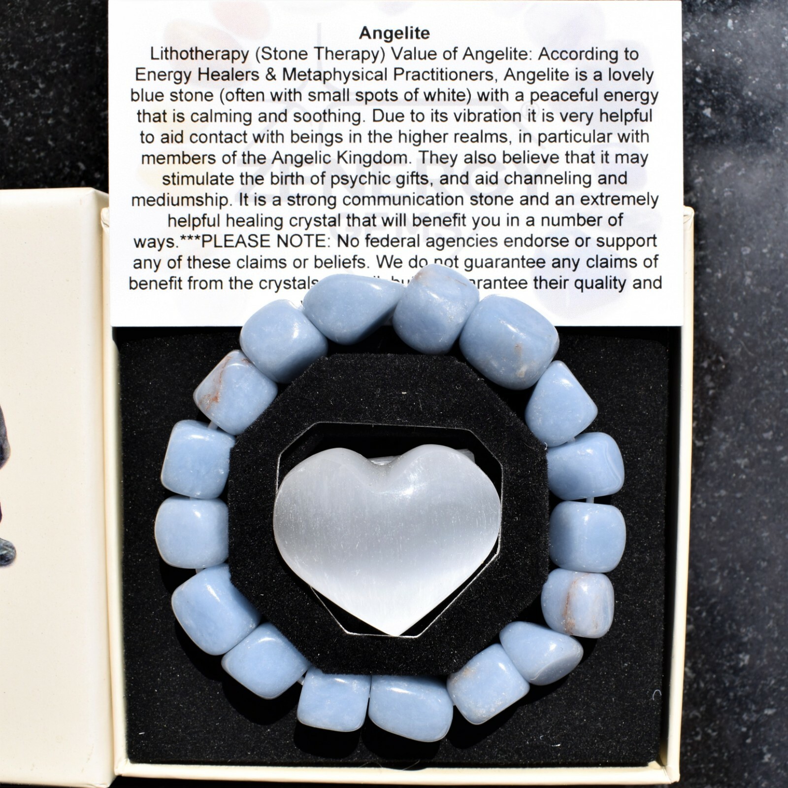 CHARGED Angelite Crystal Nugget Stretchy Bracelet + Selenite Puffy Heart