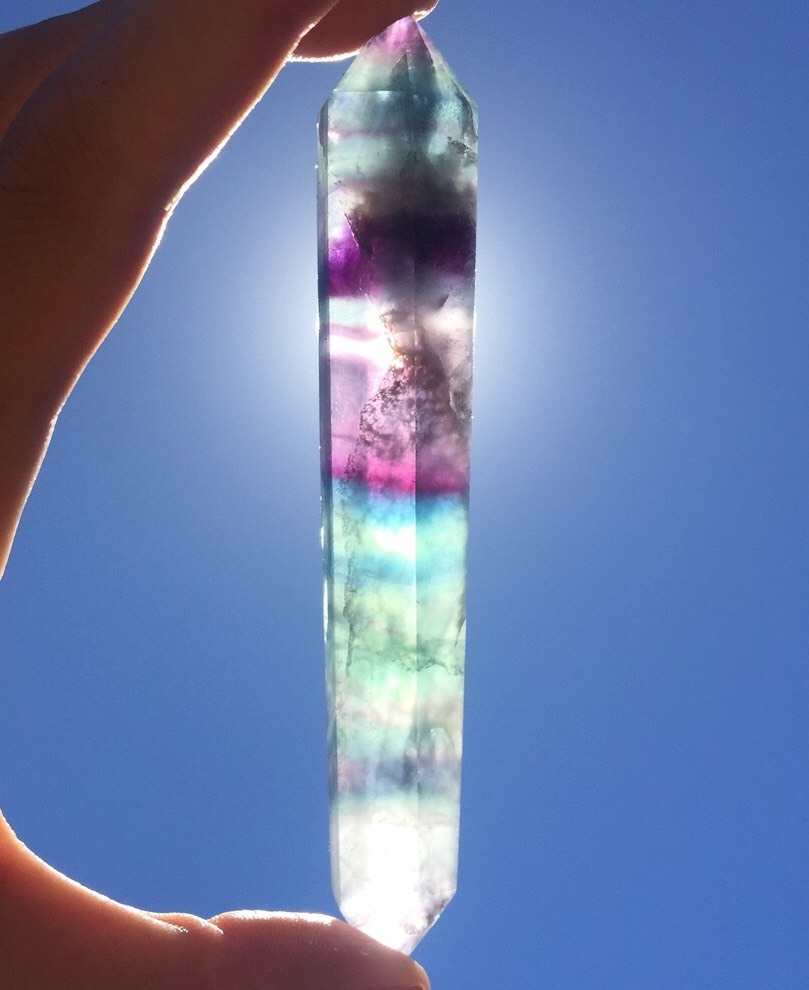 IMPRESSIVE LARGE SIZE! RAINBOW FLUORITE Wand Green & Purple Faceted Point DT!
