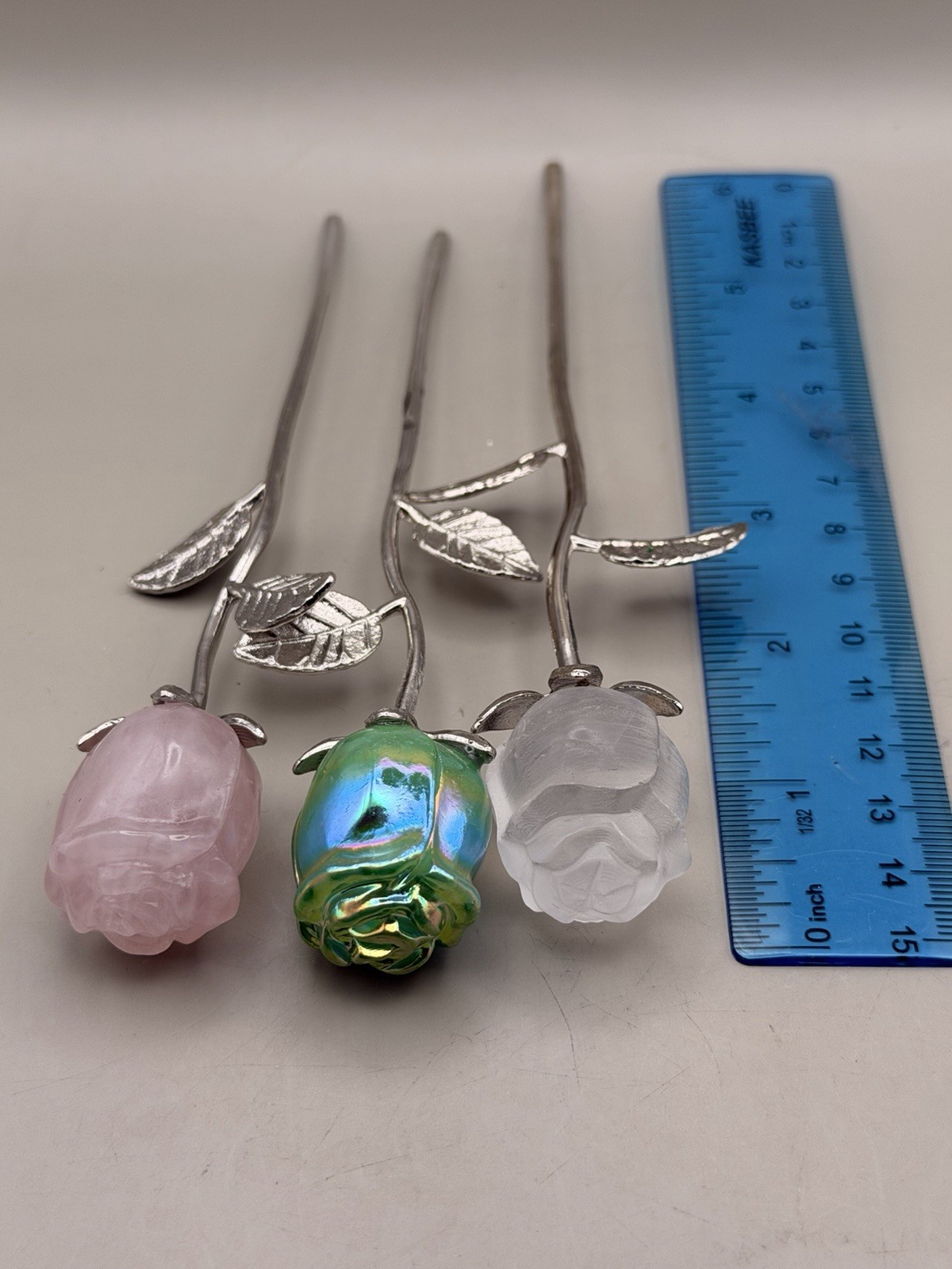 Set Of 3 Crystal Rose Quartz Clear Quartz And Aura Chrome Green Crystal