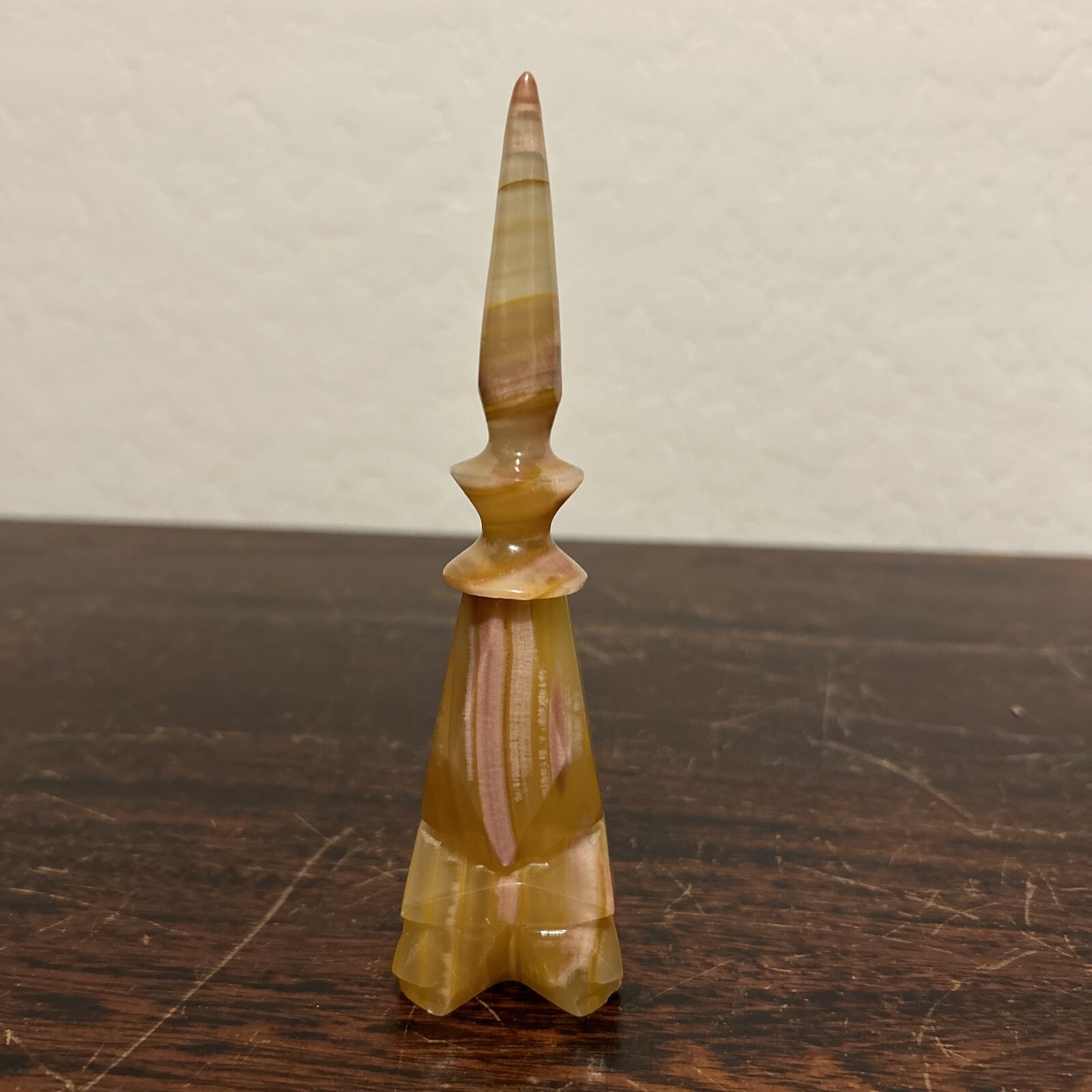 Natural Stone Agate Perfume Bottle With Screw-On Top Ornate Carved 6.25” Tall