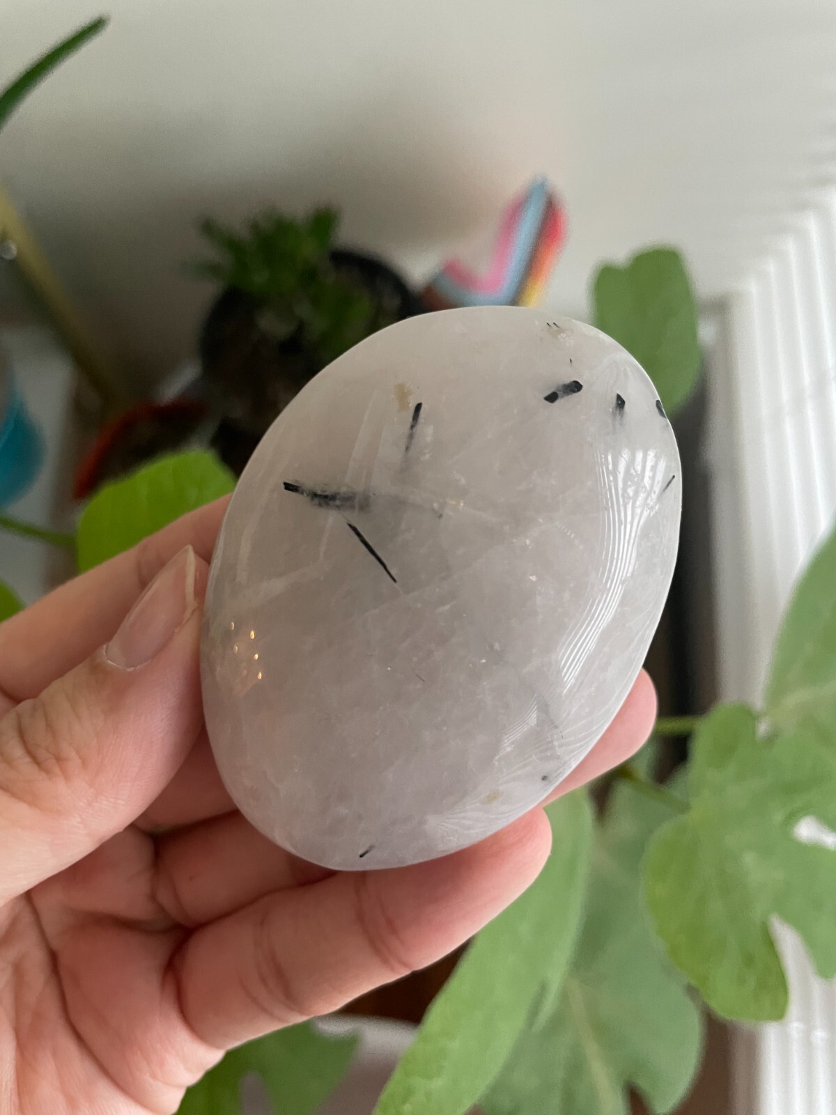 Polished Tourmalinated Quartz Crystal Palmstone, Brazil, 110 grams, approx. 2.5″