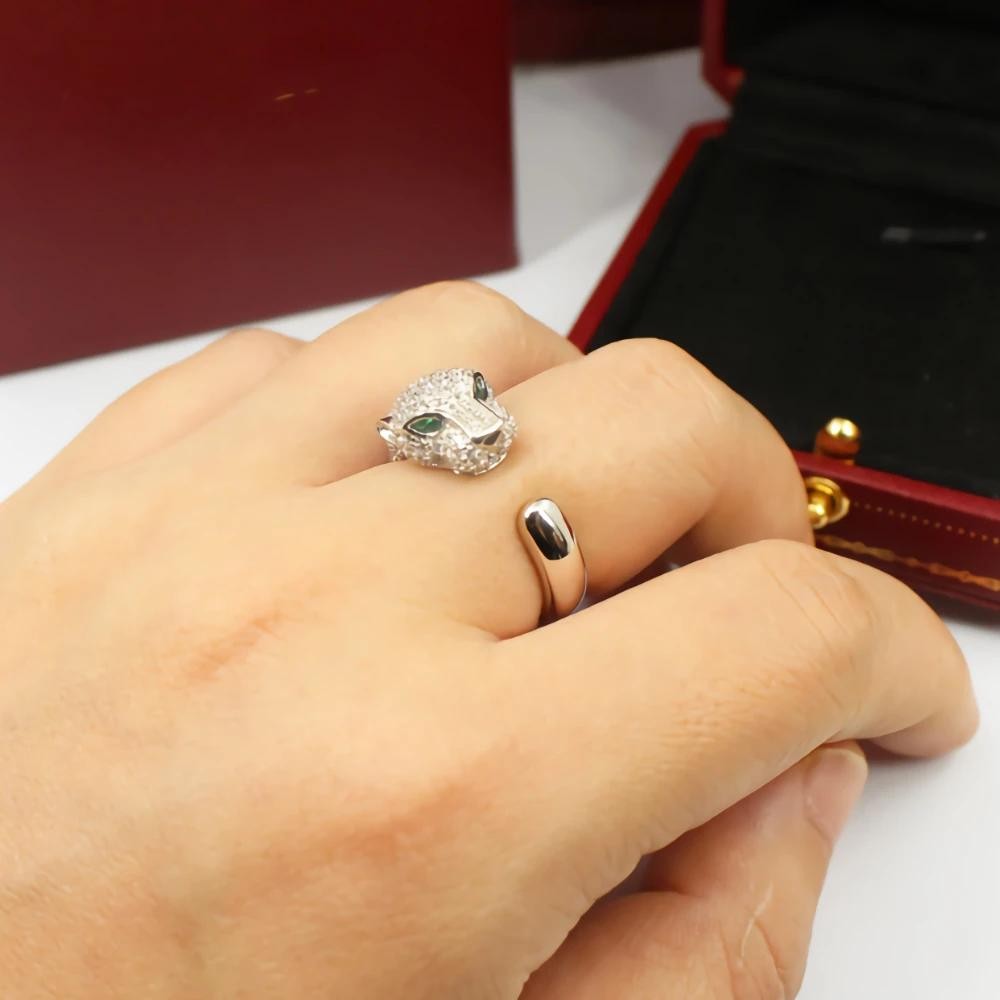 Noble 925 Sterling Silver Leopard Head Ring Crystal Jewelry for Women and Men