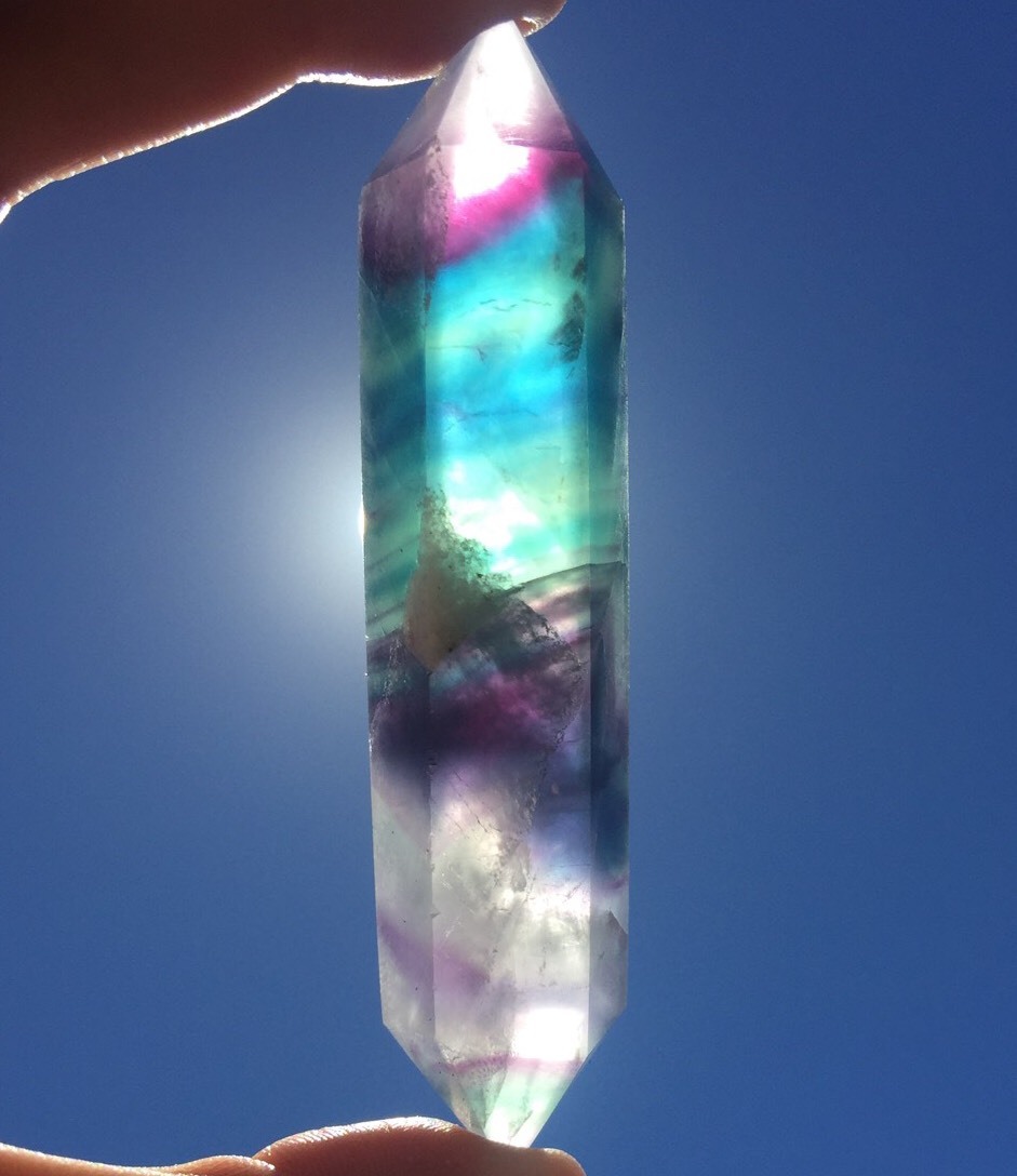 IMPRESSIVE LARGE SIZE! RAINBOW FLUORITE Wand Green & Purple Faceted Point DT!
