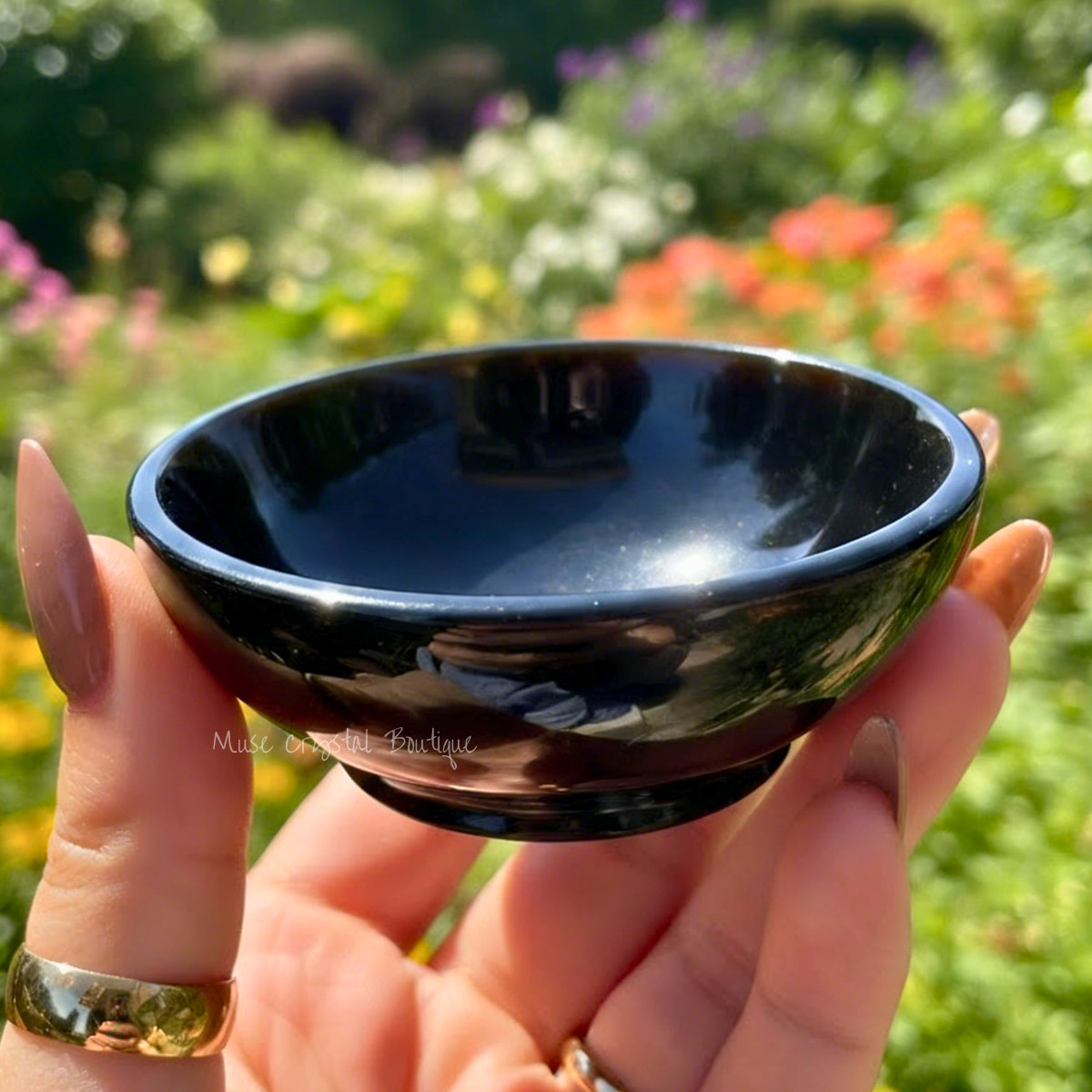 Natural Black Obsidian Charging Bowl Polished Crystal Handmade Healing Decor