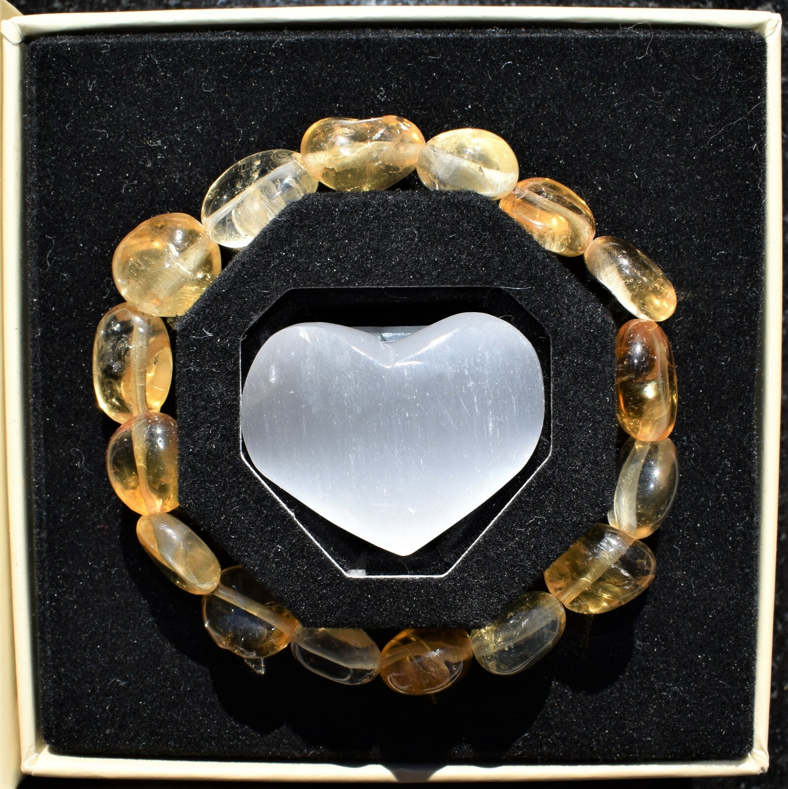 Premium CHARGED Citrine Crystal Nugget Stretchy Bracelet + Selenite Puffy Heart
