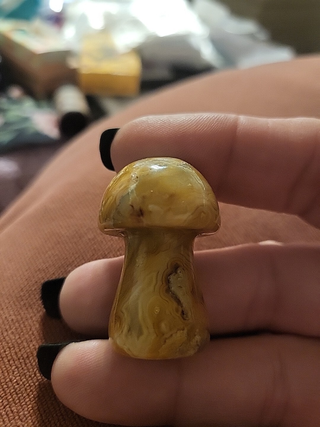 Agate Mishroom Figurine Yellow And Swirled Crimson And Grey