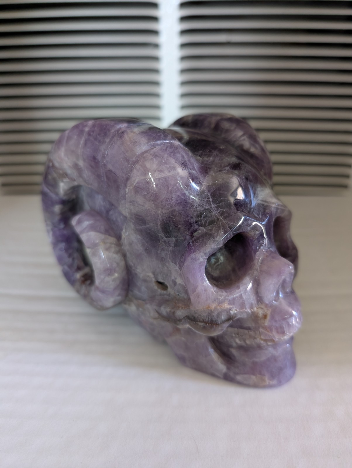 1.09kg Natural Dream amethyst Carved Rams Horn Human Skull Quartz Crystal