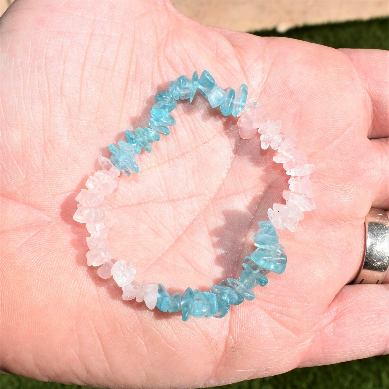 CHARGED Blue Apatite Rose Quartz Crystal Chip Stretchy Bracelet + Selenite Heart