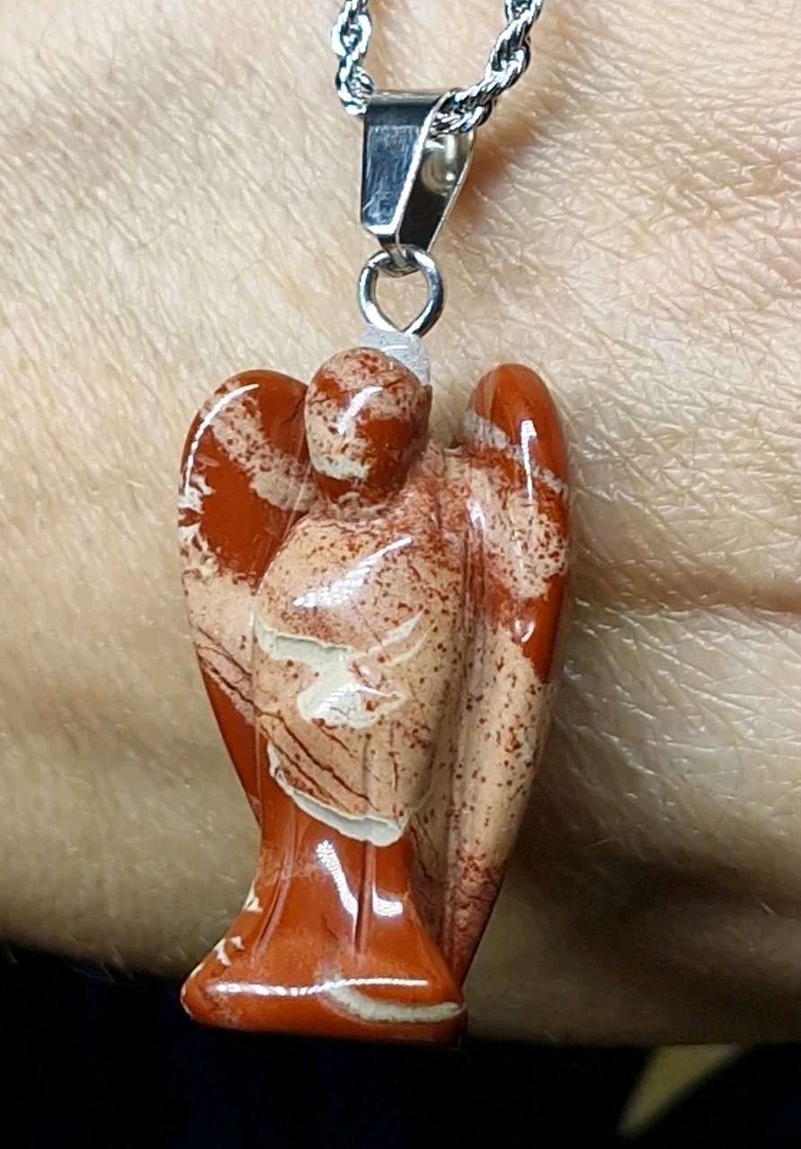 Red Jasper Crystal 3.5cm Angel Pendant On Stainless Steel Twist Chain