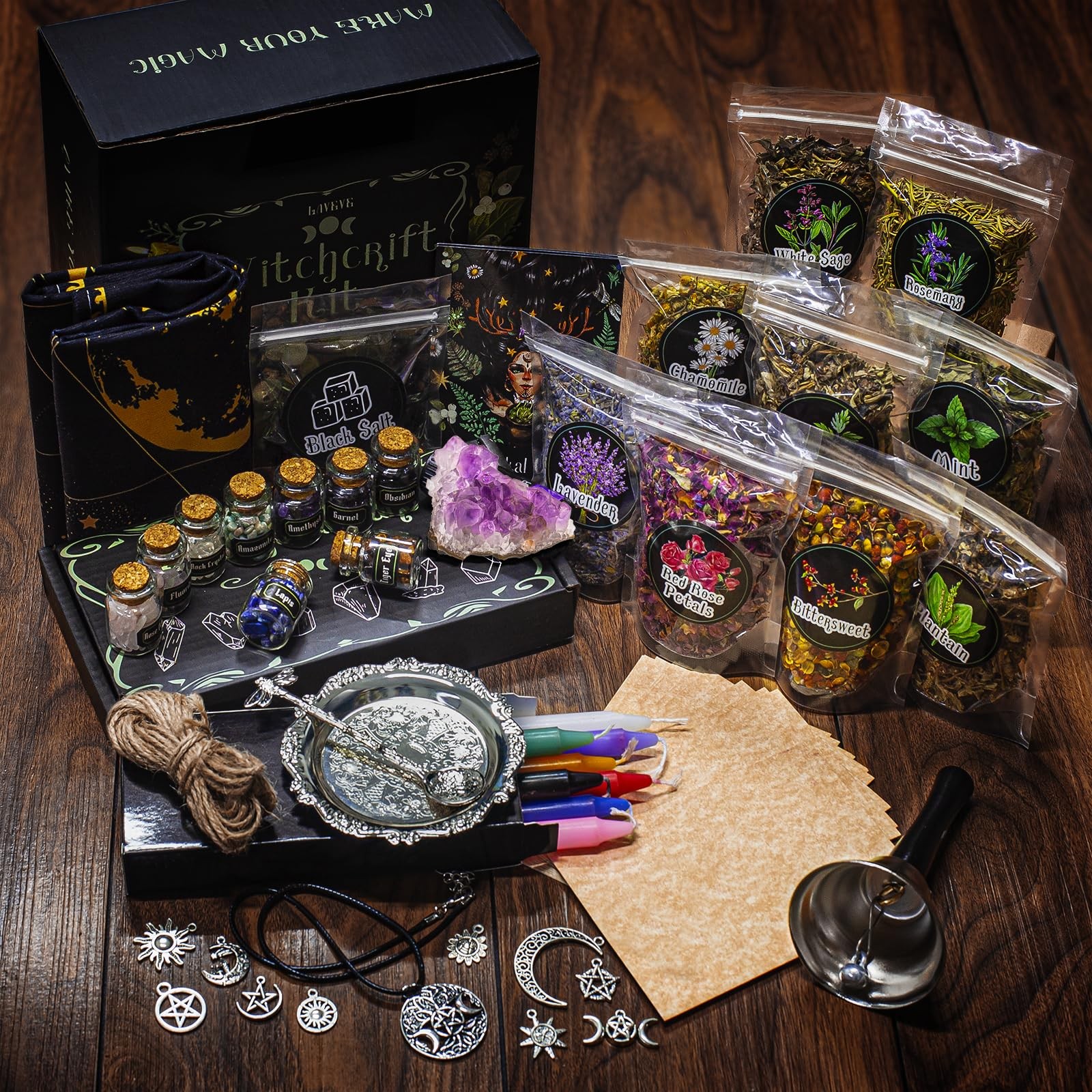 Witchcraft Supplies Kit 56 Pcs Spells Box Herbs Crystals Candles Wiccan Tools
