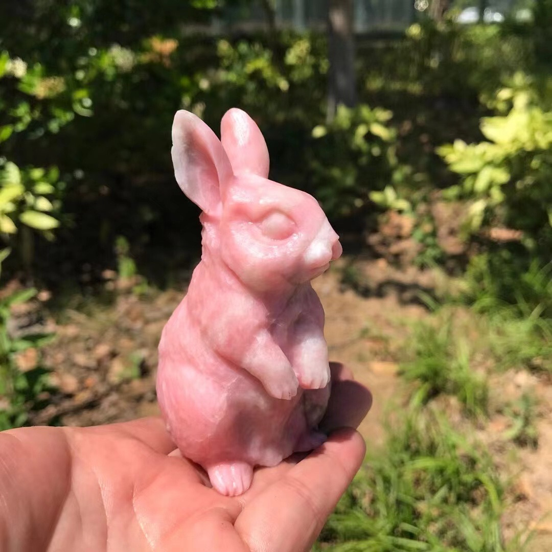 1pc natural Pink opal quartz crystal handmade rabbit skull healing gift decor