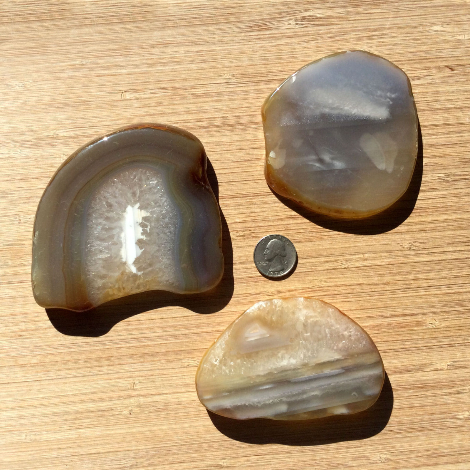 3 Polished Geode Slabs Thick Cut Rock Slices Banded Gray Agate & Quartz Crystal