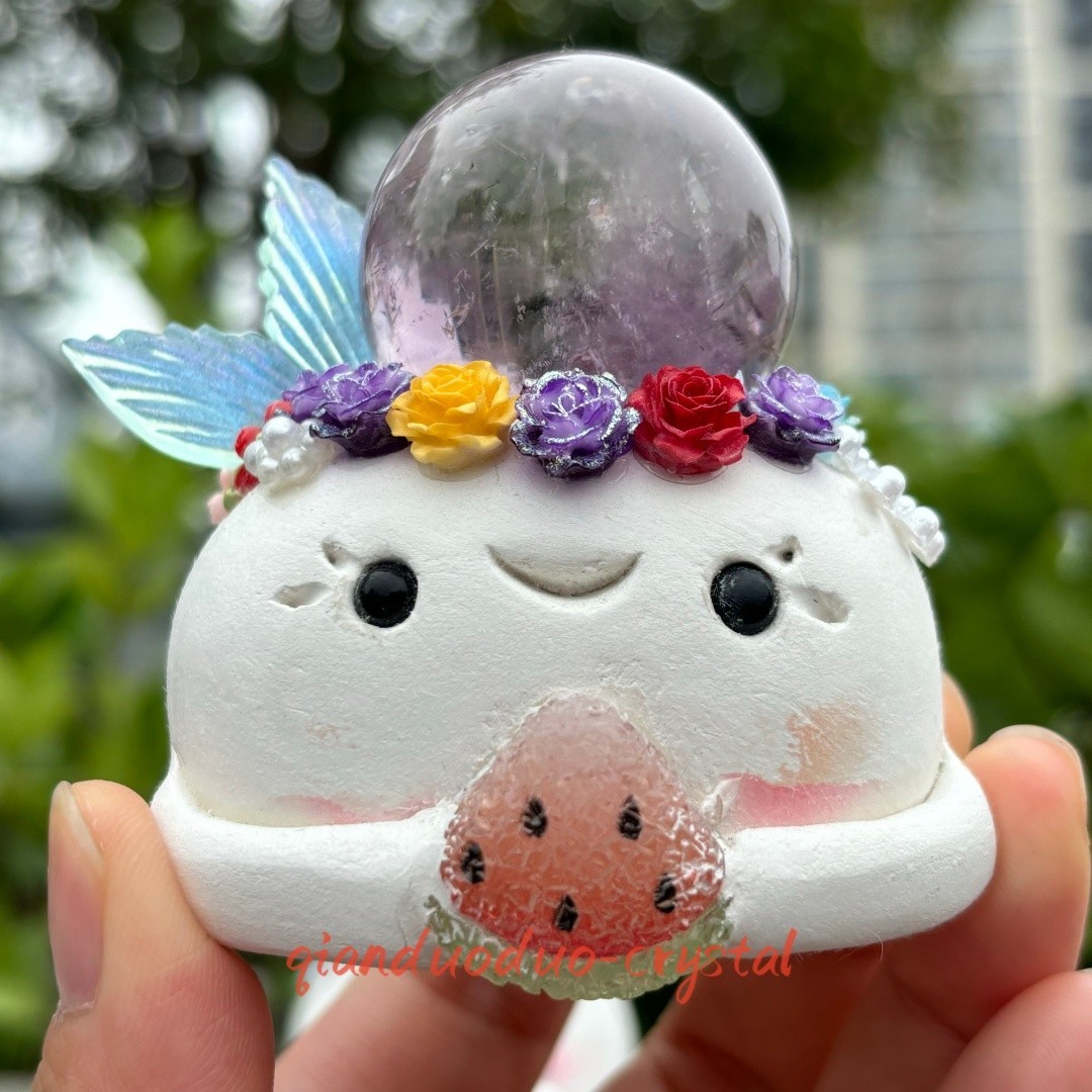 Handmade Clay Ghost with Amethyst Crystal Ball Cute Polymer Clay Figurine 1PC