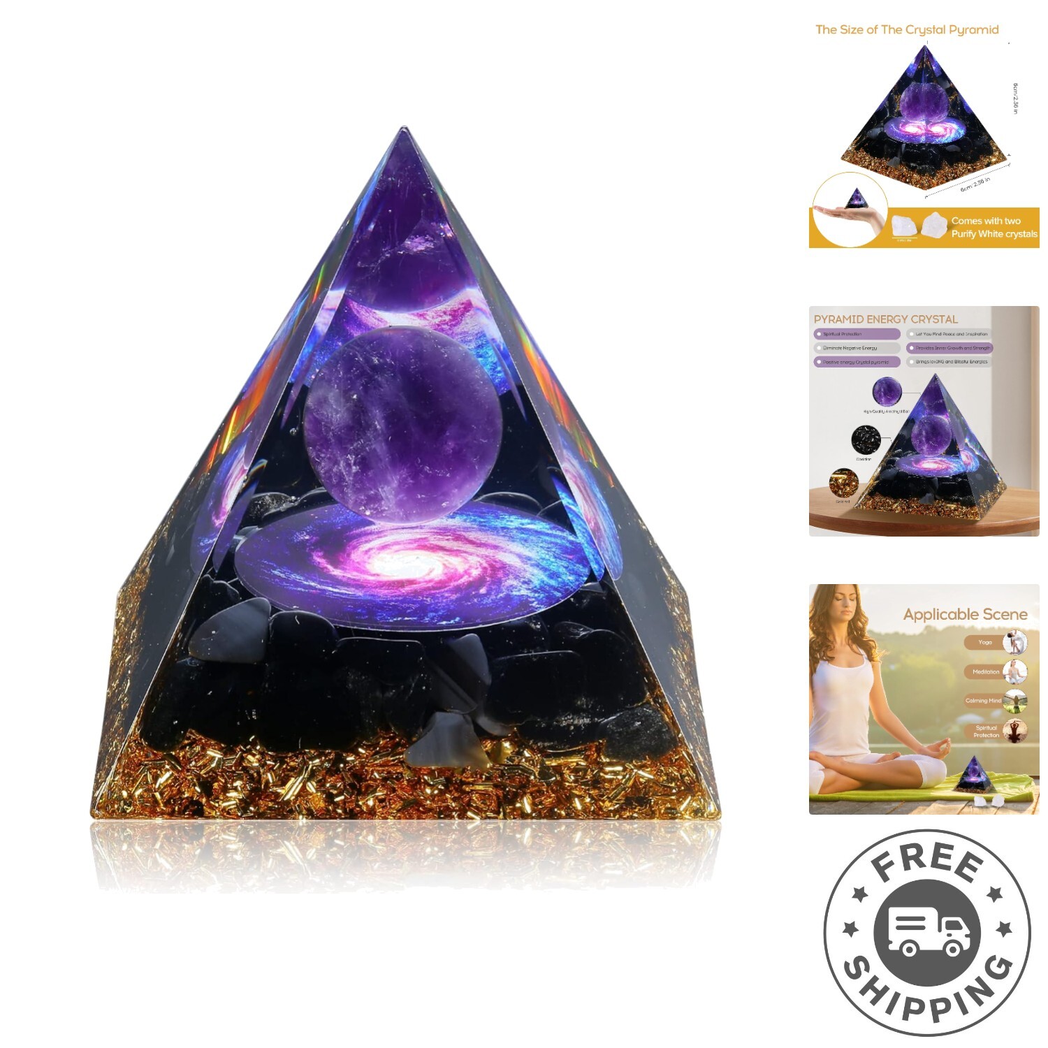 Modern Orgone Pyramid with Amethyst and Obsidian – Enhance Chakra and Meditation
